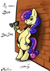 Size: 3508x4961 | Tagged: safe, artist:memprices, derpibooru import, bon bon, sweetie drops, earth pony, pony, against wall, bipedal, bowtie, high res, image, looking at you, png, procreate app, smug, spy, sunglasses, watch