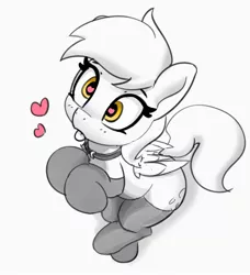 Size: 2155x2368 | Tagged: suggestive, artist:pabbley, derpibooru import, derpy hooves, pegasus, pony, clothes, female, floating heart, grayscale, heart, heart eyes, high angle, image, jpeg, looking up, mare, monochrome, neo noir, partial color, simple background, socks, solo, solo female, stockings, thigh highs, tongue out, white background, wingding eyes