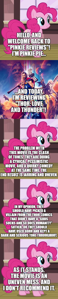 Size: 500x2540 | Tagged: safe, derpibooru import, edit, edited screencap, screencap, pinkie pie, comic:pinkie reviews, comic, image, marvel, marvel cinematic universe, movie review, png, screencap comic, thor