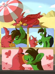 Size: 2048x2732 | Tagged: safe, artist:slimewiz, derpibooru import, parasol, oc, oc:con badger, oc:delta hooves, gryphon, pegasus, pony, comic:aquatic affections, :p, beach, beak kiss, blushing, comic, commission, feral, french kiss, gay, heart, image, interspecies, kissing, love, male, nose kiss, png, sleeping, tongue out, traditional art