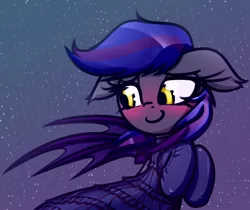 Size: 1670x1400 | Tagged: safe, artist:jetwave, derpibooru import, oc, oc:firestarter, unofficial characters only, bat pony, pony, bat pony oc, bat wings, blushing, choker, clothes, commission, dress, evening gloves, female, gloves, image, jpeg, long gloves, looking back, mare, night, smiling, solo, spread wings, stars, two toned mane, wings