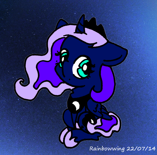 Size: 1811x1791 | Tagged: safe, artist:rainbowwing, derpibooru import, princess luna, alicorn, pony, :<, crown, female, filly, floppy ears, folded wings, hoof shoes, image, jewelry, looking at you, mare, necklace, png, regalia, signature, sitting, solo, starry background, stars, wings, woona, younger