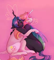 Size: 1080x1196 | Tagged: safe, artist:floofyhusky, derpibooru import, queen chrysalis, oc, oc:lulubell, changeling, changeling queen, female, hug, image, jpeg, pink background, simple background