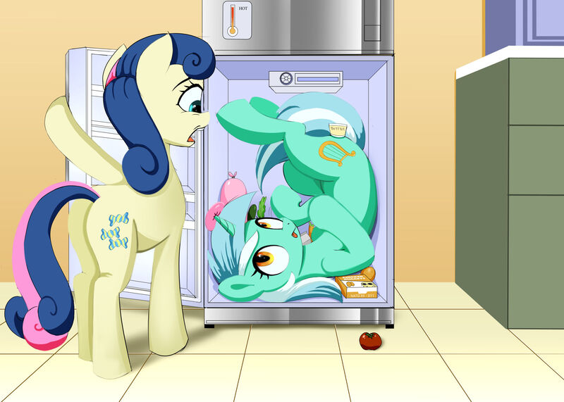 Size: 1890x1350 | Tagged: safe, artist:darksly, derpibooru import, bon bon, lyra heartstrings, sweetie drops, earth pony, pony, unicorn, bon bon is not amused, food, image, jpeg, l.u.l.s., refrigerator, tongue out, unamused