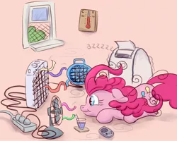 Size: 2000x1600 | Tagged: safe, artist:nedemai, derpibooru import, pinkie pie, earth pony, pony, atg 2022, fan, game boy, image, jpeg, newbie artist training grounds, smiling, solo, summer, wind, windswept mane