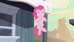 Size: 1334x750 | Tagged: safe, derpibooru import, screencap, pinkie pie, earth pony, pony, season 2, the last roundup, female, image, in which pinkie pie forgets how to gravity, mare, pinkie being pinkie, pinkie physics, png, solo