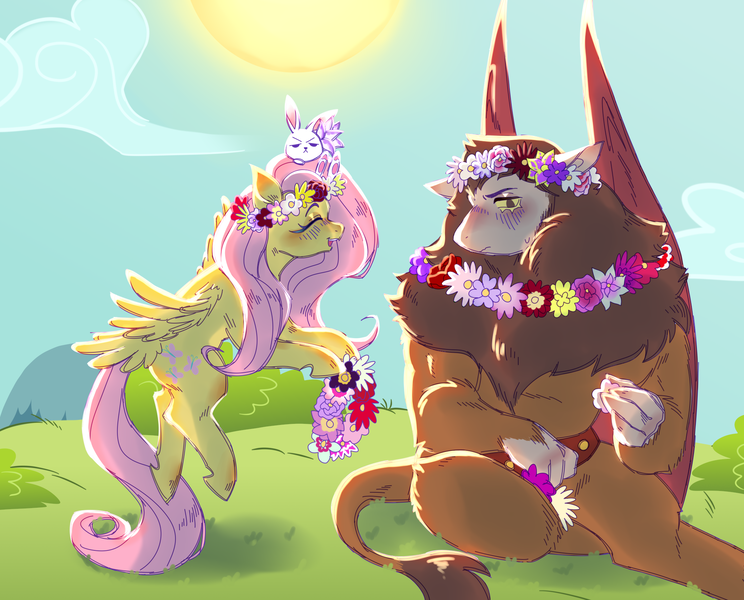 Size: 2040x1645 | Tagged: safe, artist:gobstopper, derpibooru import, angel bunny, fluttershy, scorpan, gargoyle, pegasus, pony, cute, floral head wreath, flower, flower in hair, grass, image, outdoors, png, spread wings, wings