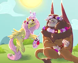 Size: 2040x1645 | Tagged: safe, artist:gobstopper, derpibooru import, angel bunny, fluttershy, scorpan, gargoyle, pegasus, pony, cute, floral head wreath, flower, flower in hair, grass, image, outdoors, png, spread wings, wings