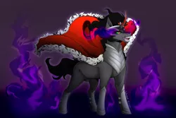 Size: 6000x4000 | Tagged: safe, artist:lucythunderforth, derpibooru import, king sombra, pony, unicorn, angry, black mane, cape, clothes, colored horn, curved horn, digital art, fangs, fire, hoof shoes, horn, image, male, open mouth, png, purple background, royal cape, signature, simple background, solo, sombra eyes, sombra horn, stallion, teeth