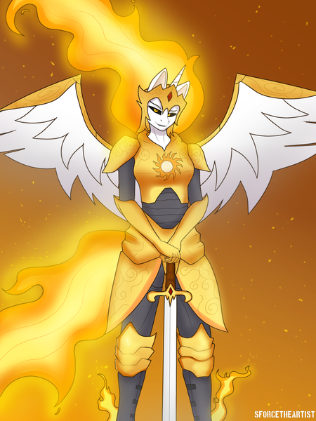 Size: 1440x1920 | Tagged: safe, artist:sforcetheartist, derpibooru import, daybreaker, alicorn, anthro, armor, fire, image, looking at you, png, smiling, smirk, solo, spread wings, sword, weapon, wings