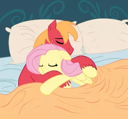 Size: 2150x2000 | Tagged: safe, anonymous artist, artist:carnifex, derpibooru import, edit, big macintosh, fluttershy, earth pony, pegasus, pony, bed, blanket, colored, cuddling, eyes closed, female, flat colors, fluttermac, image, male, mare, on bed, pillow, png, shipping, sleeping, smiling, stallion, straight