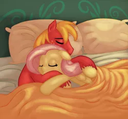 Size: 2150x2000 | Tagged: safe, alternate version, anonymous artist, artist:carnifex, derpibooru import, edit, big macintosh, fluttershy, earth pony, pegasus, pony, bed, blanket, colored, cuddling, eyes closed, female, fluttermac, image, male, mare, morning, on bed, pillow, png, shading, shipping, sleeping, smiling, stallion, straight