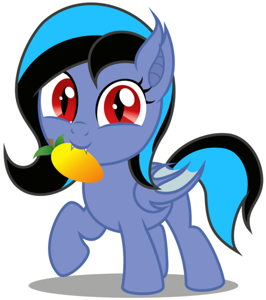 Size: 2940x3310 | Tagged: safe, artist:strategypony, derpibooru import, oc, oc:midnight grave, unofficial characters only, bat pony, pony, bat pony oc, bat wings, cute, cute little fangs, daaaaaaaaaaaw, ear tufts, fangs, female, filly, foal, food, fruit, image, looking at you, mango, mouth hold, nom, ocbetes, png, red eyes, simple background, tail, transparent background, two toned mane, two toned tail, walking, wings