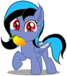 Size: 2940x3310 | Tagged: safe, artist:strategypony, derpibooru import, oc, oc:midnight grave, unofficial characters only, bat pony, pony, bat pony oc, bat wings, cute, cute little fangs, daaaaaaaaaaaw, ear tufts, fangs, female, filly, foal, food, fruit, image, looking at you, mango, mouth hold, nom, ocbetes, png, red eyes, simple background, tail, transparent background, two toned mane, two toned tail, walking, wings