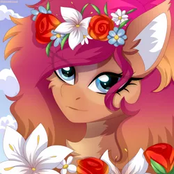 Size: 2500x2500 | Tagged: safe, artist:leah minik, derpibooru import, oc, oc:nova, unofficial characters only, pegasus, pony, blue eyes, bust, chest fluff, commission, female, flower, flower in hair, gradient mane, image, looking at you, mare, png, portrait, sky background, solo, ych result