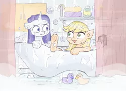 Size: 2048x1485 | Tagged: safe, artist:reyam, derpibooru import, applejack, rarity, earth pony, pony, unicorn, :3, bath, bathroom, bathtub, bubble, bubble bath, duo, duo female, female, freckles, hatless, horn, image, jpeg, lesbian, looking at each other, looking at someone, mare, missing accessory, rarijack, rubber duck, shipping, underhoof, wet, wet mane
