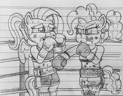 Size: 1280x997 | Tagged: safe, artist:ct1443ae, derpibooru import, fluttershy, pinkie pie, earth pony, pegasus, semi-anthro, boxing, boxing gloves, boxing ring, duo, image, jpeg, lined paper, mouth guard, open mouth, pencil drawing, sports, traditional art