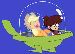 Size: 648x472 | Tagged: safe, artist:guihercharly, derpibooru import, applejack, earth pony, human, astrojack, caption, crossover, driving, glass dome, image, image macro, laughing, lynn loud, png, space car, space helmet, text, the jetsons, the loud house