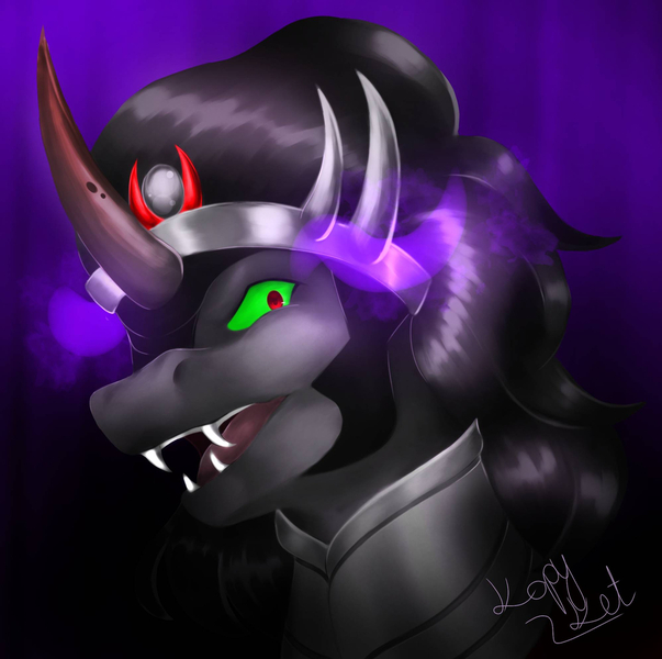 Size: 1280x1274 | Tagged: safe, artist:kopyket, derpibooru import, king sombra, pony, unicorn, black mane, colored horn, crown, curved horn, digital art, fangs, horn, image, jewelry, jpeg, male, open mouth, purple background, regalia, signature, simple background, solo, sombra eyes, sombra horn, stallion, teeth