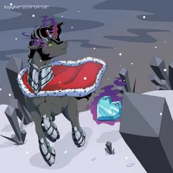 Size: 1280x1274 | Tagged: safe, artist:kopyket, derpibooru import, king sombra, pony, unicorn, black mane, cape, clothes, colored horn, crown, crystal, crystal heart, curved horn, digital art, hoof shoes, horn, image, jewelry, jpeg, looking up, magic, male, raised hoof, red horn, regalia, sky, snow, solo, sombra eyes, sombra horn, stallion, walking