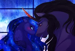 Size: 3700x2528 | Tagged: safe, artist:silverwolf866, derpibooru import, king sombra, princess luna, alicorn, pony, unicorn, black mane, blue mane, blushing, colored horn, curved horn, digital art, ethereal mane, female, flowing mane, horn, image, lidded eyes, looking at each other, looking at someone, lumbra, male, mare, night, png, rain, red eyes, shipping, sky, smiling, sombra horn, speedpaint, stallion, starry mane, stars, straight, teeth, window