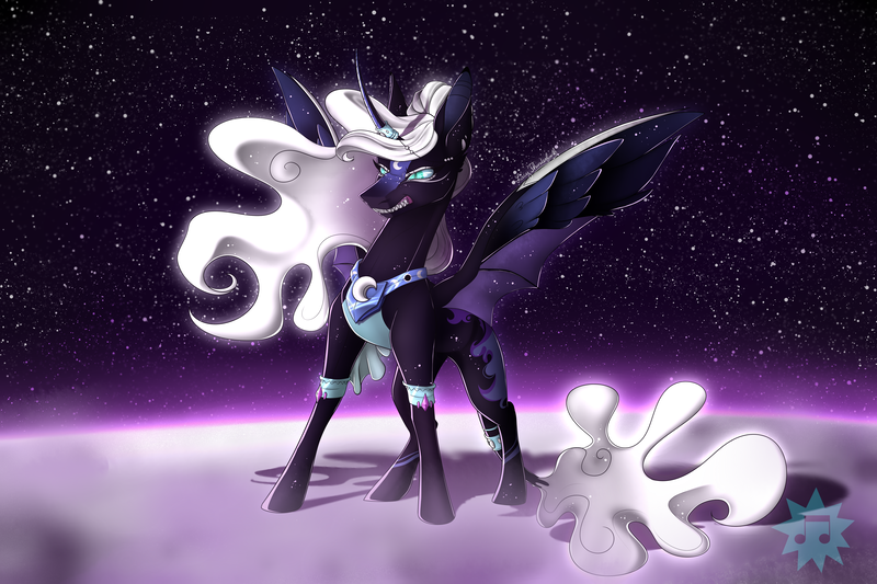 Size: 6000x4000 | Tagged: safe, artist:lucythunderforth, derpibooru import, nightmare moon, alicorn, pony, angry, blue eyes, curved horn, digital art, ethereal mane, feather, female, flowing mane, flowing tail, gritted teeth, horn, image, mare, moon, peytral, png, redesign, revenge, signature, solo, space, speedpaint, spread wings, starry mane, stars, tail, teeth, watermark, white mane, white tail, wings