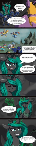 Size: 1092x4327 | Tagged: grimdark, artist:aschenstern, derpibooru import, princess celestia, princess luna, queen chrysalis, rainbow dash, twilight sparkle, twilight sparkle (alicorn), alicorn, changeling, pony, comic:flurry and stag, image, jpeg, magic, spear, weapon