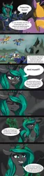 Size: 1092x4327 | Tagged: grimdark, artist:aschenstern, derpibooru import, princess celestia, princess luna, queen chrysalis, rainbow dash, twilight sparkle, twilight sparkle (alicorn), alicorn, changeling, pony, comic:flurry and stag, image, jpeg, magic, spear, weapon