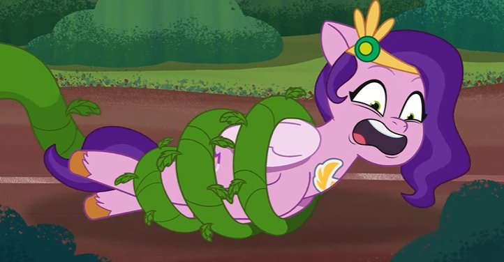 Size: 722x376 | Tagged: safe, derpibooru import, screencap, pipp petals, pegasus, pony, my little pony: tell your tale, spoiler:g5, spoiler:my little pony: tell your tale, spoiler:tyts01e18, bondage, cropped, female, g5, image, jpeg, mare, on your cutie marks, open mouth, vine, vine bondage