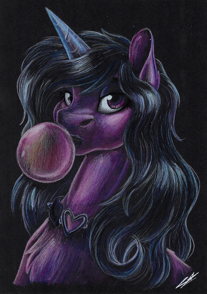 Size: 2458x3498 | Tagged: safe, artist:lupiarts, derpibooru import, izzy moonbow, artwork, black background, bubble, bubblegum, colored pencil drawing, colored sketch, drawing, fanart, female, food, g5, goth, goth izzy, gothic, gum, image, jewelry, jpeg, necklace, signature, simple background, solo, solo female, traditional art