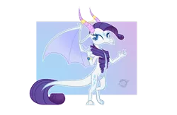 Size: 1280x832 | Tagged: safe, artist:fourteennails, derpibooru import, rarity, dragon, blue eyes, blue mane, claws, curly hair, dragon wings, dragoness, dragonified, female, horns, image, png, raridragon, scales, simple background, smiling, solo, species swap, spread wings, transparent background, watermark, wings