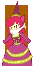 Size: 515x973 | Tagged: safe, artist:succubi samus, derpibooru import, edit, apple bloom, equestria girls, for whom the sweetie belle toils, adorabloom, angry, background removed, bondage, bound and gagged, cloth gag, clothes, cute, dress, dressup, gag, glare, image, lidded eyes, looking at someone, png, princess apple bloom, simple background, transparent background