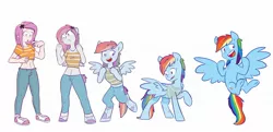 Size: 2048x991 | Tagged: safe, artist:chub-wub, derpibooru import, rainbow dash, human, pegasus, pony, commission, female, human to pony, image, jpeg, mare, simple background, spread wings, transformation, transformation sequence, white background, wings