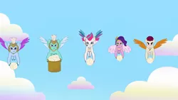 Size: 3410x1920 | Tagged: safe, derpibooru import, screencap, pipp petals, zipp storm, pegasus, pony, my little pony: tell your tale, spoiler:g5, spoiler:my little pony: tell your tale, spoiler:tyts01e18, female, flying, g5, high res, image, jpeg, male, mare, on your cutie marks, rocky (g5), smiling, spread wings, stallion, thunder (g5), wings, youtube link, zoom zephyrwing