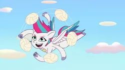 Size: 3410x1920 | Tagged: safe, derpibooru import, screencap, zipp storm, pegasus, pony, my little pony: tell your tale, spoiler:g5, spoiler:my little pony: tell your tale, spoiler:tyts01e18, female, flying, g5, high res, image, jpeg, mare, on your cutie marks, open mouth, open smile, smiling, solo, spread wings, wings, youtube link