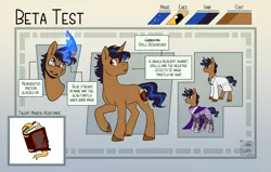 Size: 3684x2340 | Tagged: safe, artist:cosmalumi, derpibooru import, oc, oc:beta test, unicorn, armor, black mane, black tail, blue mane, blue tail, book, clothes, cutie mark, glasses, glow, glowing horn, glowing mane, horn, image, lab coat, magic, png, reference sheet, solo, spellbook, tail, text, unshorn fetlocks, yellow eyes