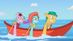 Size: 3410x1920 | Tagged: safe, derpibooru import, screencap, hitch trailblazer, earth pony, pony, my little pony: tell your tale, spoiler:g5, spoiler:my little pony: tell your tale, spoiler:tyts01e18, boat, dahlia, female, g5, grin, high res, image, jazz (g5), jpeg, male, mare, on your cutie marks, shrunken pupils, smiling, stallion, trio, youtube link