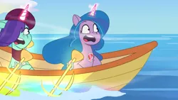 Size: 3410x1920 | Tagged: safe, derpibooru import, screencap, izzy moonbow, onyx, pony, unicorn, my little pony: tell your tale, spoiler:g5, spoiler:my little pony: tell your tale, spoiler:tyts01e18, boat, duo, female, g5, high res, image, jpeg, magic, mare, on your cutie marks, open mouth, shrunken pupils, telekinesis, youtube link