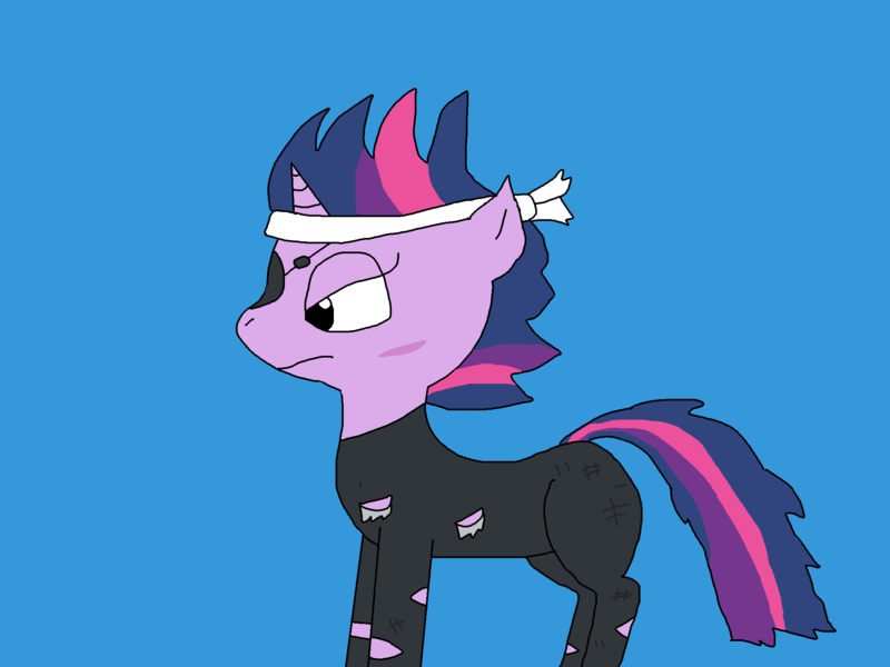 Size: 2000x1500 | Tagged: safe, artist:blazewing, derpibooru import, twilight sparkle, unicorn, it's about time, season 2, blue background, bodysuit, catsuit, clothes, clothing damage, colored background, drawpile, eyepatch, frown, future twilight, headband, image, messy mane, messy tail, png, scar, simple background, solo, tail, unicorn twilight