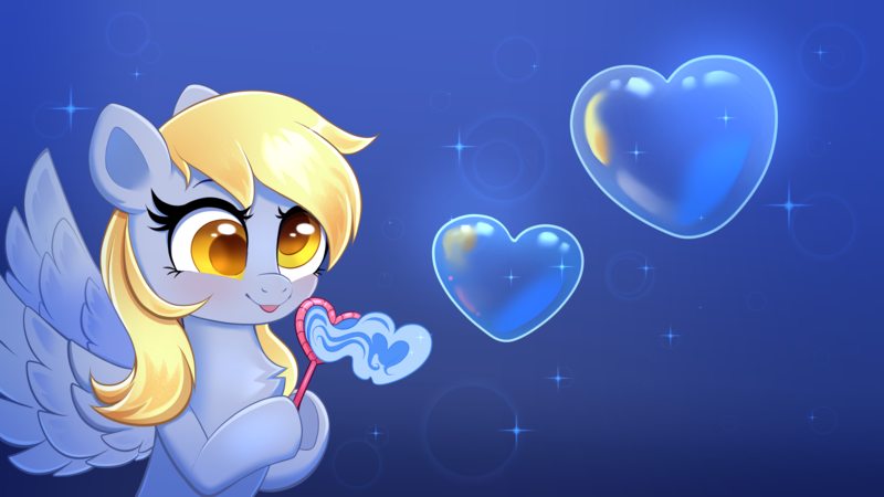 Size: 3840x2160 | Tagged: safe, artist:confetticakez, derpibooru import, derpy hooves, pegasus, pony, blowing bubbles, blue background, blushing, bubble, cute, derpabetes, female, heart, image, mare, png, simple background, solo