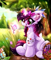 Size: 2257x2618 | Tagged: safe, artist:woonborg, derpibooru import, oc, oc:bloody herb, unicorn, basket, bow, bracelet, chest fluff, ear fluff, feather, flower, flower in hair, hair bow, image, jewelry, magic, png, solo, tree