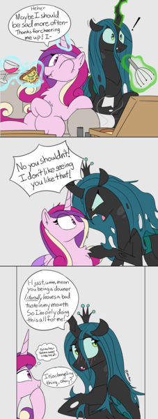 Size: 2000x5292 | Tagged: safe, artist:icey, derpibooru import, princess cadance, queen chrysalis, alicorn, changeling, changeling queen, pony, alcohol, blatant lies, blushing, cadalis, female, fleetwood mac, food, glass, image, infidelity, lesbian, lies, little lies, mare, pizza, png, shipping, song reference, wine, wine glass