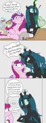 Size: 2000x5292 | Tagged: safe, artist:icey, derpibooru import, princess cadance, queen chrysalis, alicorn, changeling, changeling queen, pony, alcohol, blatant lies, blushing, cadalis, female, fleetwood mac, food, glass, image, infidelity, lesbian, lies, little lies, mare, pizza, png, shipping, song reference, wine, wine glass