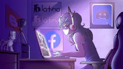 Size: 2160x1216 | Tagged: safe, artist:digitaldrawingmachine, derpibooru import, oc, oc:luz, human, unicorn, equestria girls, humanized, image, png, ponylatino, river, room, stream, video game, water