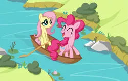 Size: 1751x1113 | Tagged: safe, artist:reconprobe, derpibooru import, fluttershy, pinkie pie, earth pony, pegasus, pony, boat, duo, image, png, river, water
