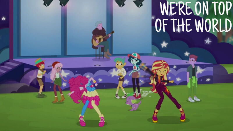 Size: 1280x720 | Tagged: safe, derpibooru import, edit, edited screencap, editor:quoterific, screencap, pinkie pie, snails, spike, spike the regular dog, sunset shimmer, dog, equestria girls, equestria girls series, wake up!, spoiler:eqg series (season 2), eyes closed, female, geode of empathy, image, jpeg, magical geodes, male, music festival outfit, open mouth, open smile, smiling, text, wake up!: pinkie pie