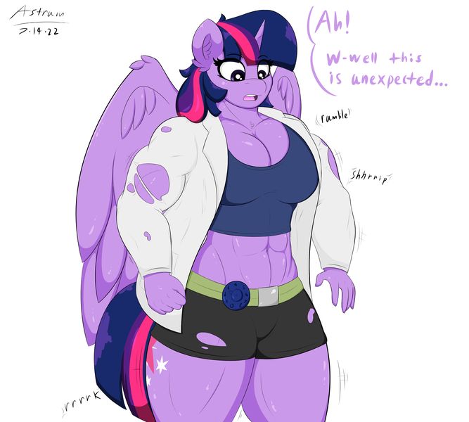 Size: 2000x1800 | Tagged: suggestive, artist:astrum, derpibooru import, twilight sparkle, alicorn, anthro, abs, belly button, belt, big breasts, breasts, busty twilight sparkle, cleavage, clothes, dial, dialogue, erect nipples, female, growth, image, lab coat, looking down, muscle expansion, muscle growth, muscles, muscular female, nipple outline, onomatopoeia, open mouth, pants, png, ripped pants, shocked, shorts, simple background, solo, solo female, surprised, talking, tanktop, thighs, thunder thighs, torn clothes, twilight muscle, wardrobe malfunction, wings