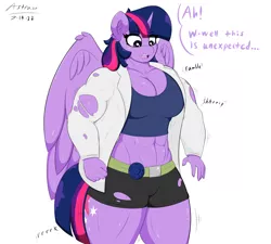 Size: 2000x1800 | Tagged: suggestive, artist:astrum, derpibooru import, twilight sparkle, alicorn, anthro, abs, belly button, belt, big breasts, breasts, busty twilight sparkle, cleavage, clothes, dial, dialogue, erect nipples, female, growth, image, lab coat, looking down, muscle expansion, muscle growth, muscles, muscular female, nipple outline, onomatopoeia, open mouth, pants, png, ripped pants, shocked, shorts, simple background, solo, solo female, surprised, talking, tanktop, thighs, thunder thighs, torn clothes, twilight muscle, wardrobe malfunction, wings