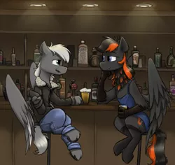 Size: 1786x1688 | Tagged: safe, artist:sinrar, derpibooru import, oc, unofficial characters only, hippogriff, pegasus, pony, alcohol, bar, duo, image, looking at each other, looking at someone, open mouth, png, sitting