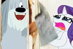 Size: 470x312 | Tagged: safe, derpibooru import, rarity, dog, unicorn, axe, crossover, here's johnny, image, niblet, png, pound puppies, secret butt fun, the shining, weapon